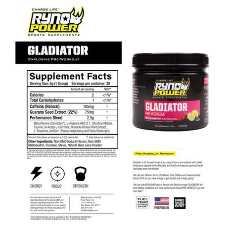 _Ryno Power Gladiator Pre-Workout Supplement Getränkemischung Erdbeerlimonade 150 Gr. | GLAD-TUB | Greenland MX_